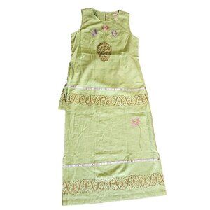 Sweet Jessie Skirt Set Womens Size 14 Green Floral 2 Piece Linen Outfit Tunic